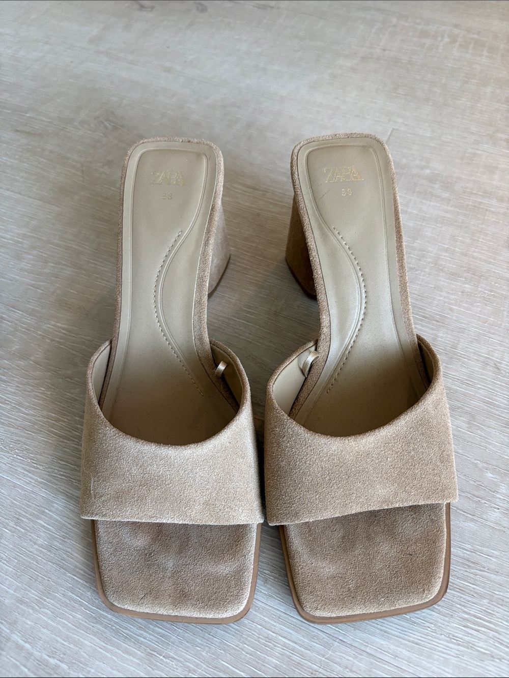 Zara Tan Suede Square-Toe Block Heel Mules